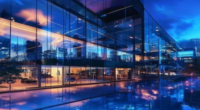 科技公司玻璃幕墙办公室外景，科技圈黑网料内幕爆料背景图，现代感强烈的商业建筑在夜晚霓虹灯光下